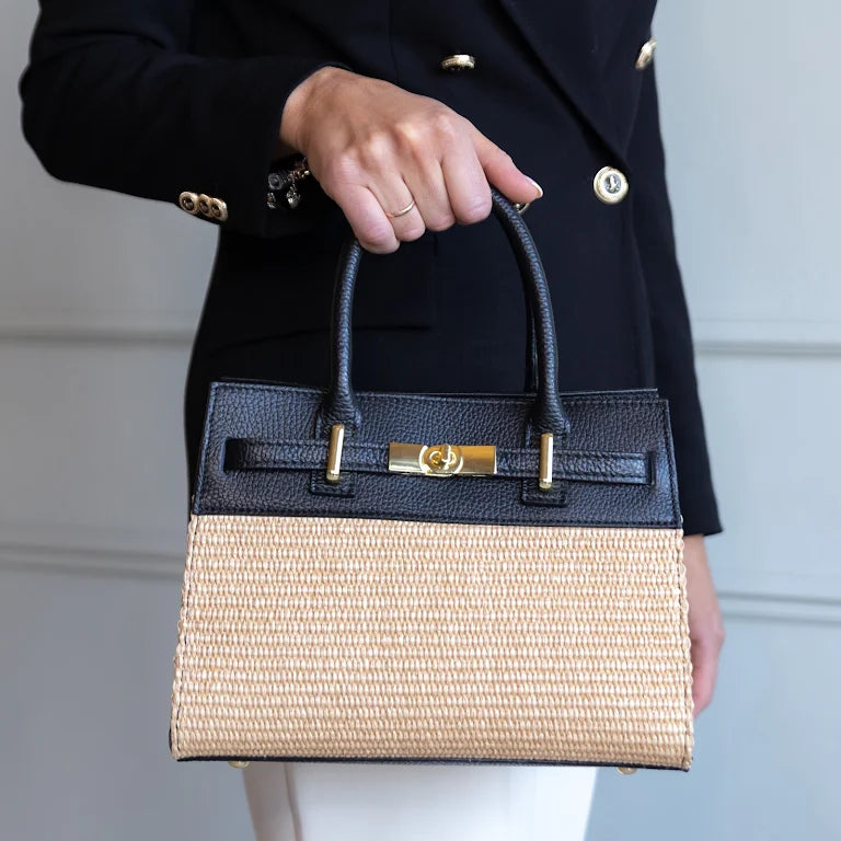 BORSA LYNDA IN PELLE E RAFFIA NERO