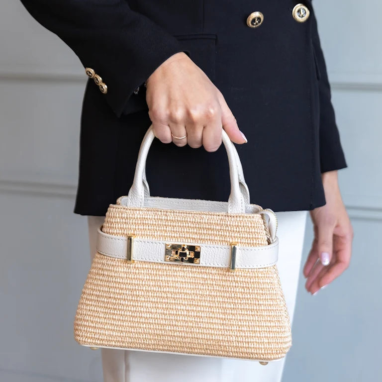 BORSA MYRA IN PELLE E RAFFIA BEIGE