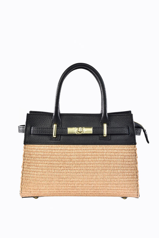 BORSA LYNDA IN PELLE E RAFFIA NERO