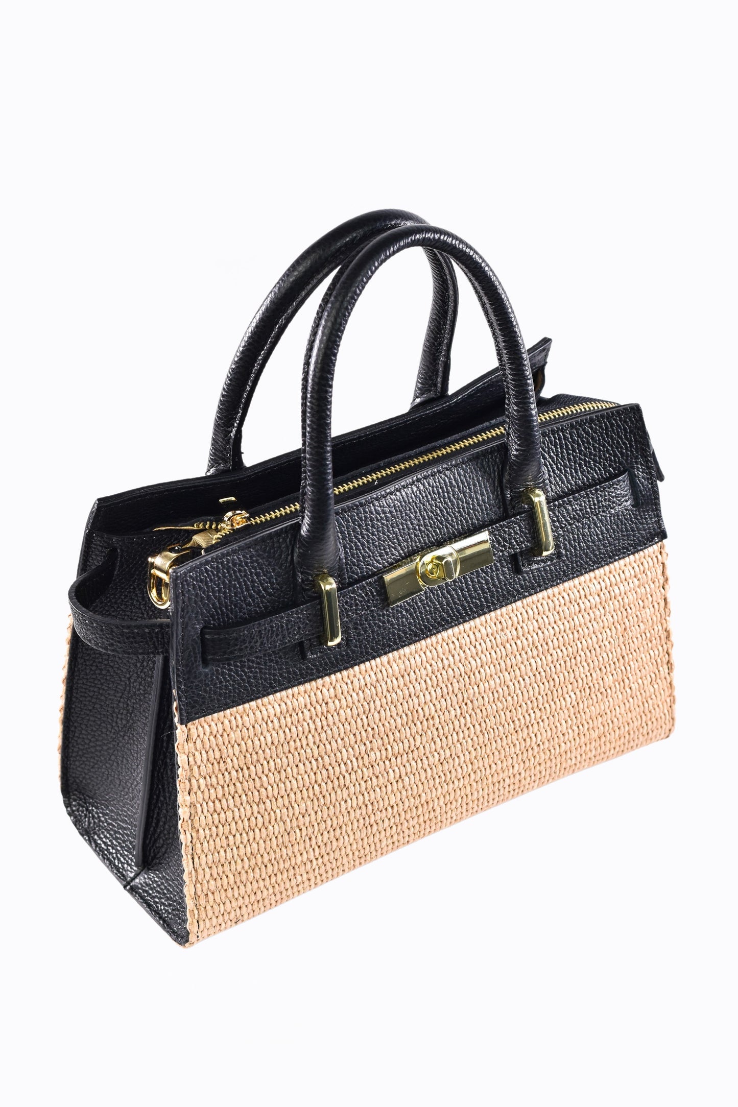 BORSA LYNDA IN PELLE E RAFFIA NERO