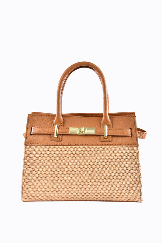 BORSA LYNDA IN PELLE E RAFFIA CUOIO