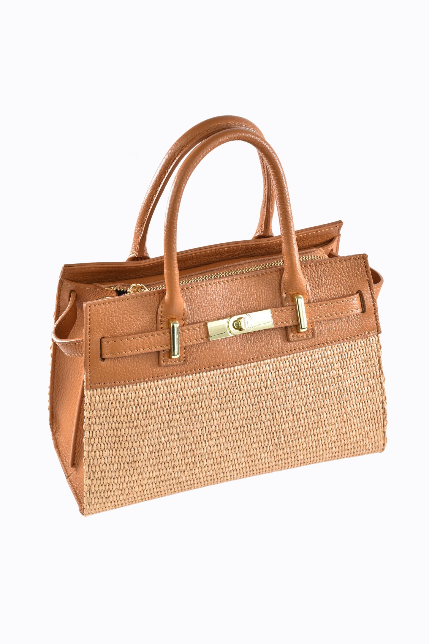 BORSA LYNDA IN PELLE E RAFFIA CUOIO