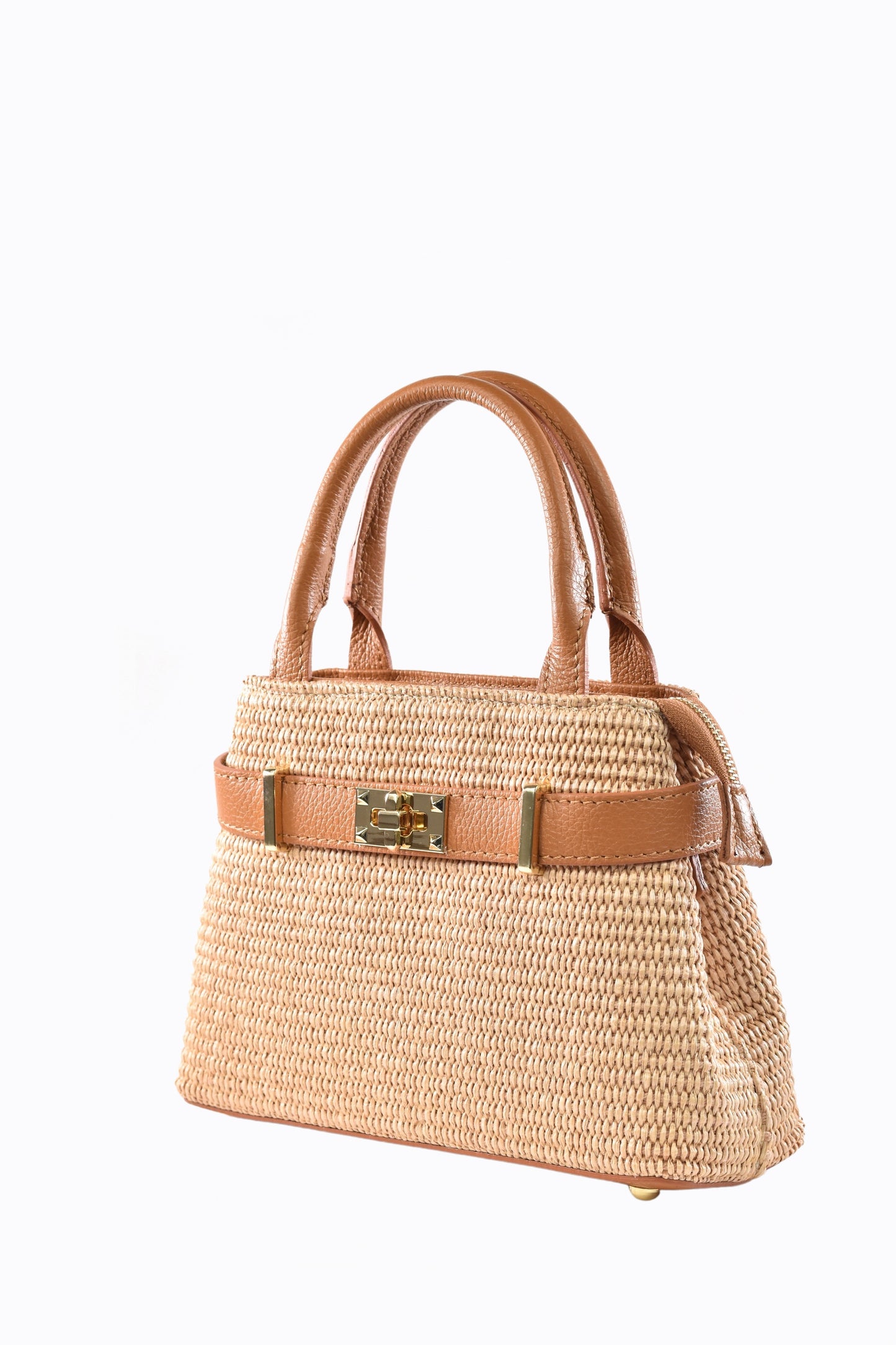 BORSA MYRA IN PELLE E RAFFIA CUOIO