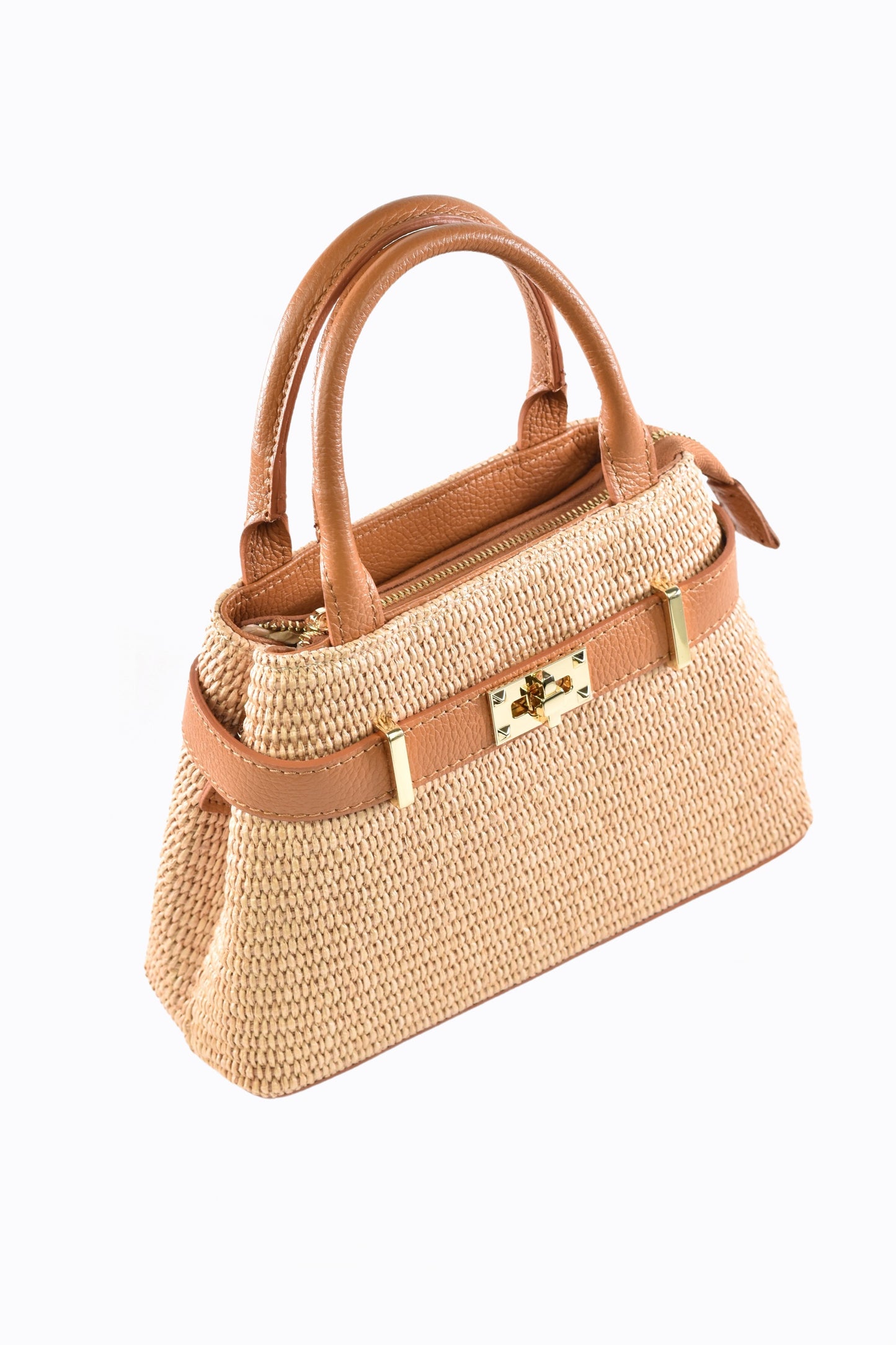 BORSA MYRA IN PELLE E RAFFIA CUOIO