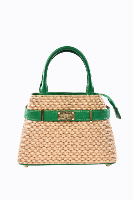 BORSA MYRA IN PELLE E RAFFIA VERDE