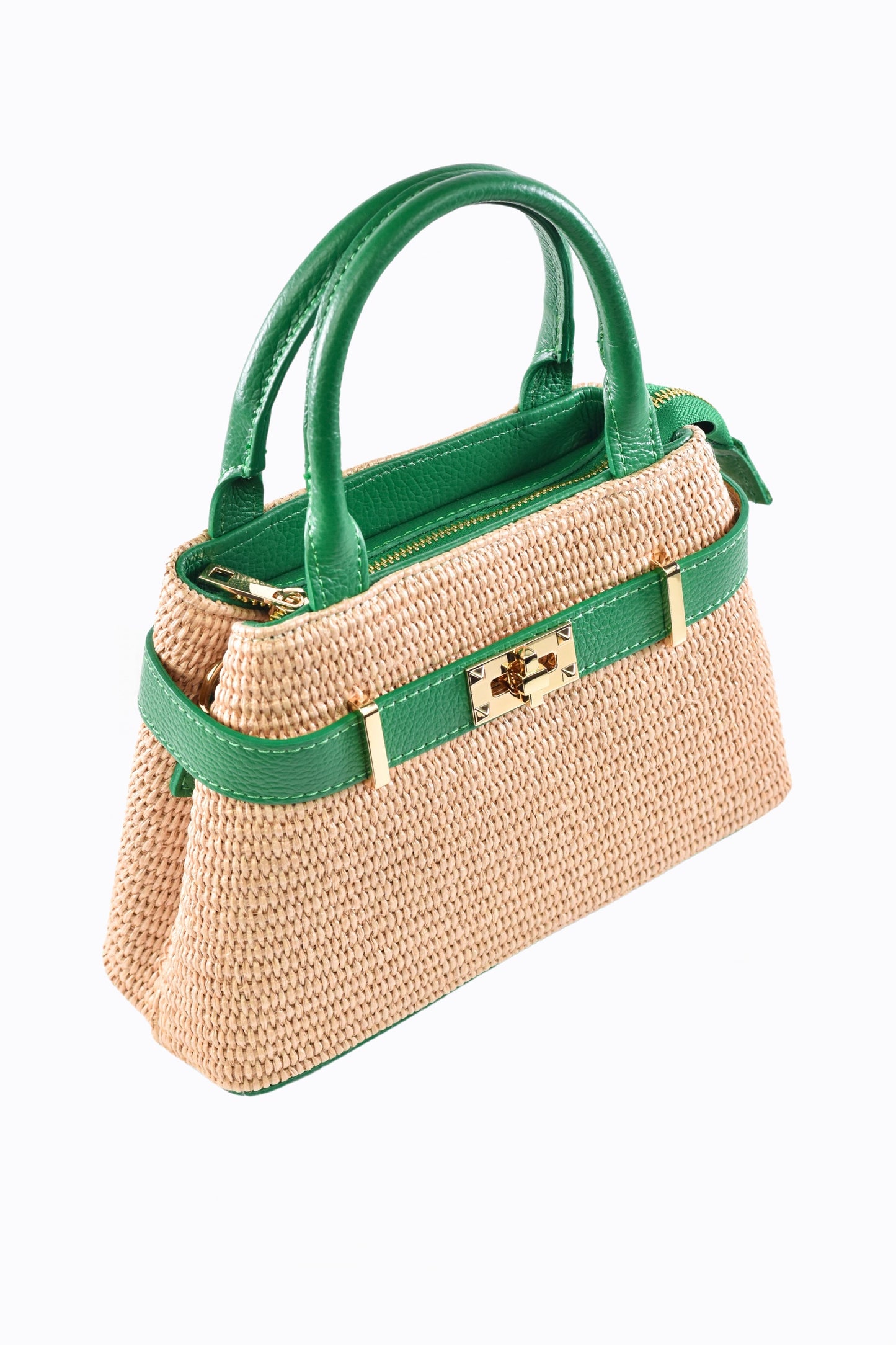 BORSA MYRA IN PELLE E RAFFIA VERDE