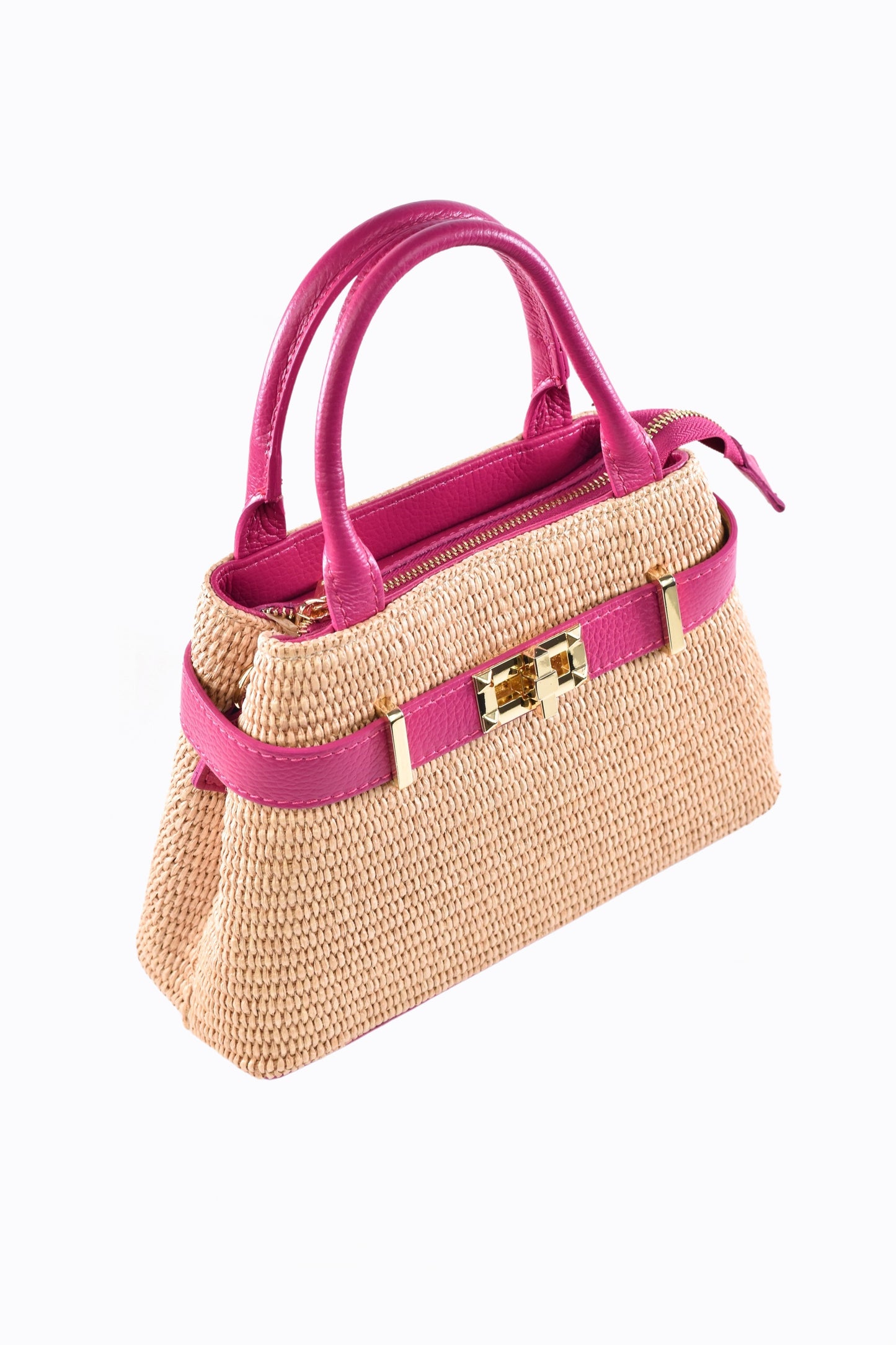 BORSA MYRA IN PELLE E RAFFIA FUXIA