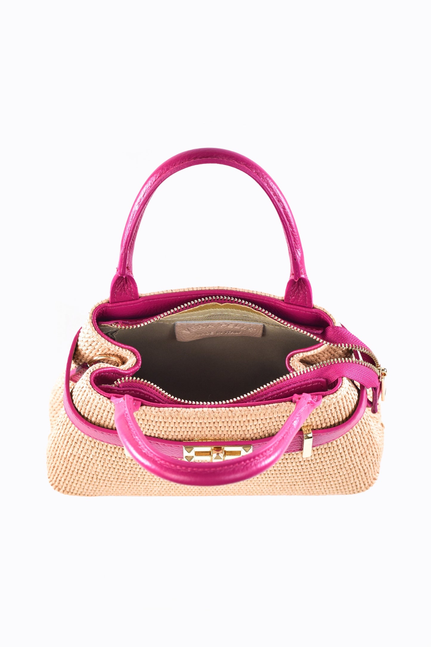 BORSA MYRA IN PELLE E RAFFIA FUXIA