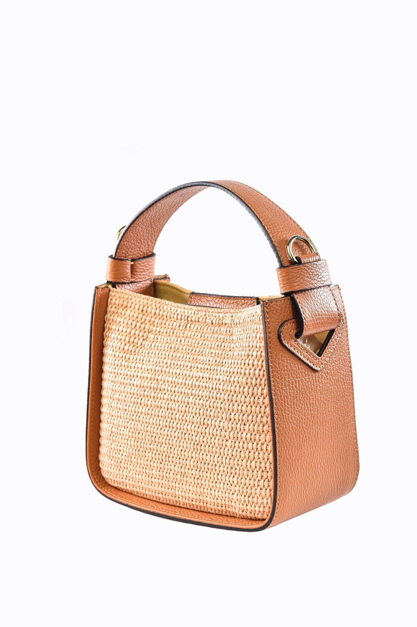 BORSA THEA IN PELLE E RAFFIA CUOIO