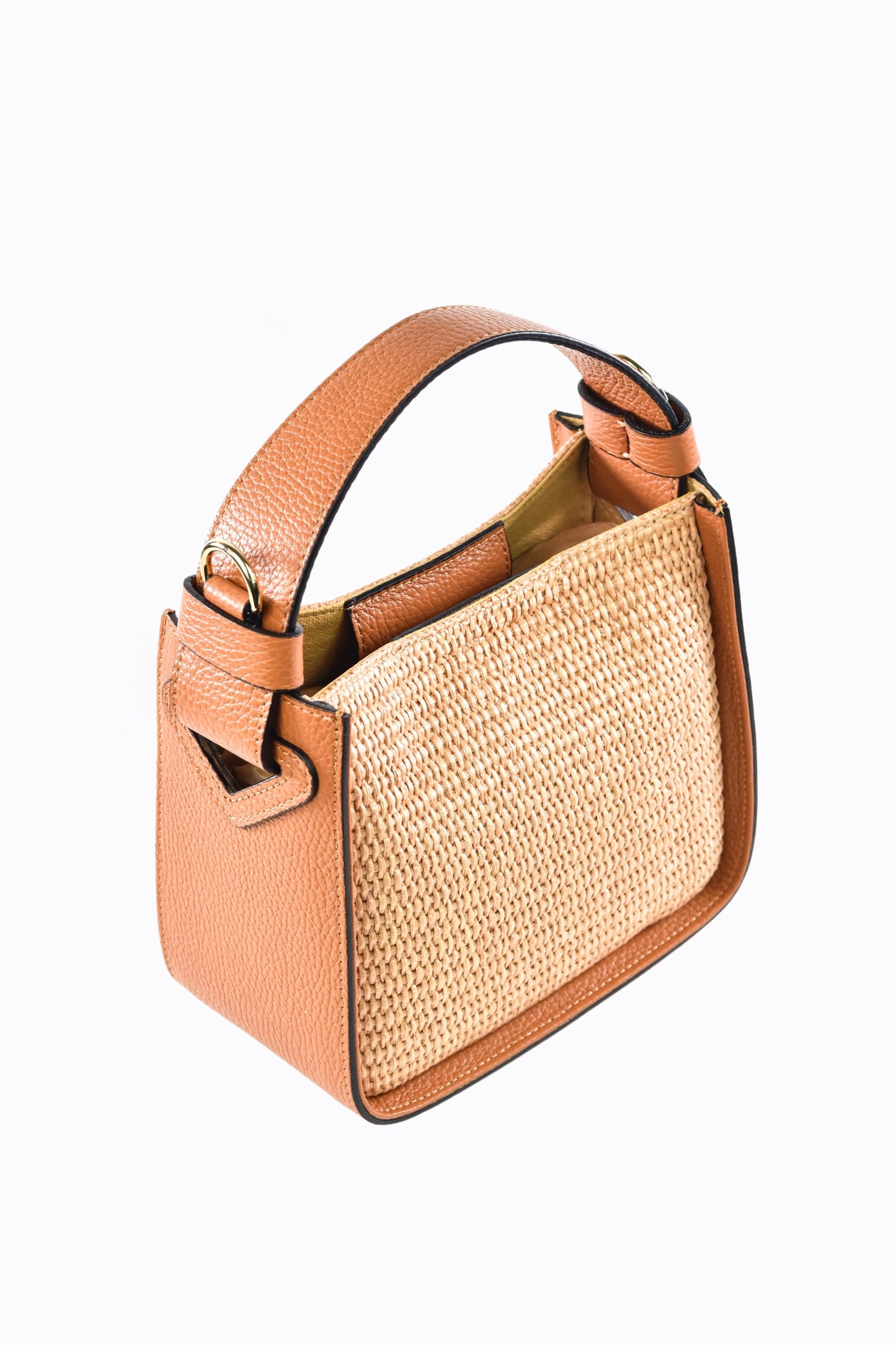 BORSA THEA IN PELLE E RAFFIA CUOIO