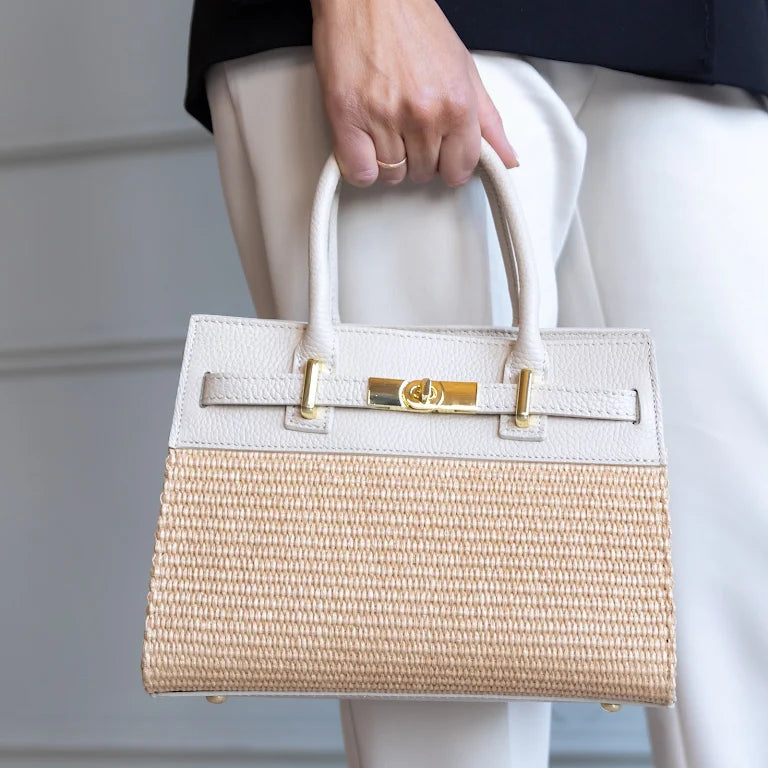 BORSA LYNDA IN PELLE E RAFFIA BEIGE